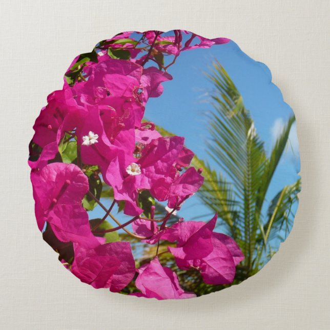 Bougainvillea and Palm Tree Tropical Nature Scene Round Cushion (Front)