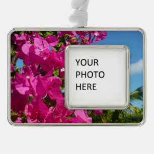 Bougainvillea and Palm Tree Tropical Nature Scene Silver Plated Framed Ornament