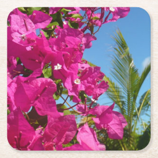 Bougainvillea and Palm Tree Tropical Nature Scene Square Paper Coaster