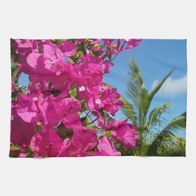 Bougainvillea and Palm Tree Tropical Nature Scene Tea Towel (Horizontal)