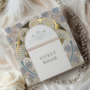 Bougainvillea Blue Gold Wedding Art Nouveau Guest Book
