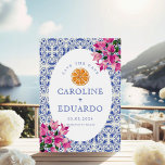 Bougainvillea Blue tile Wedding QR Code Save The Date<br><div class="desc">Watercolor Orange Citrus Italian Blue Tile Mediterranean</div>