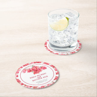 Bougainvillea botancial red watercolor wedding  round paper coaster