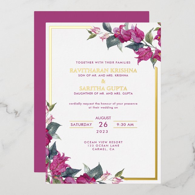 Bougainvillea Burgundy Pink Floral Wedding Foil In (Front/Back)