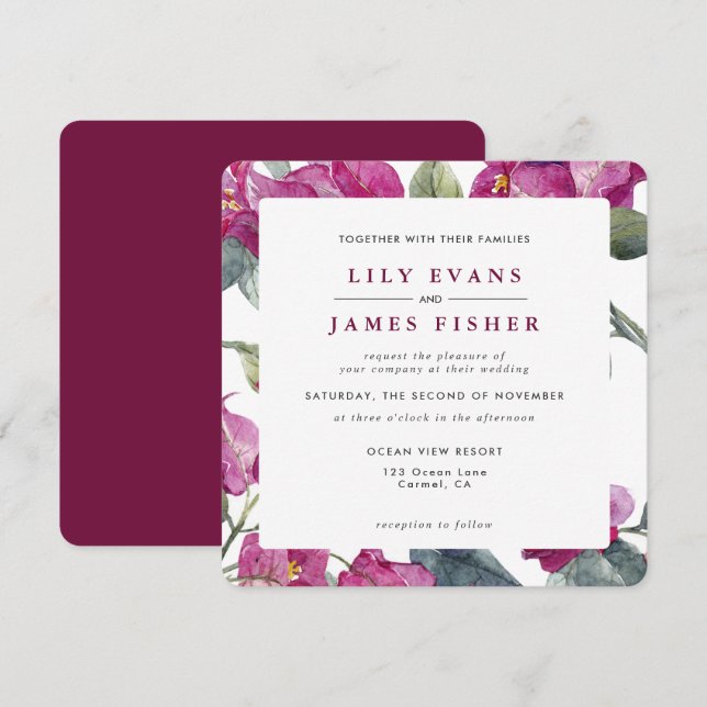 Bougainvillea Burgundy Pink Green Floral Wedding I Invitation (Front/Back)