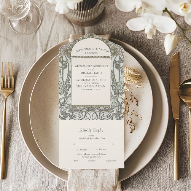 Bougainvillea Green Art Nouveau Mucha Wedding All In One Invitation (Creator Uploaded)