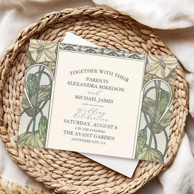 Bougainvillea Green Art Nouveau Mucha Wedding Invitation (Creator Uploaded)