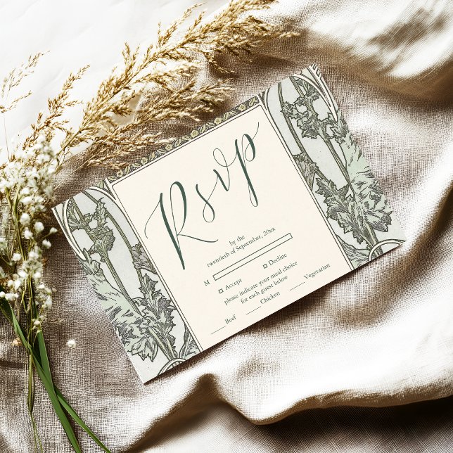 Bougainvillea Green Art Nouveau Mucha Wedding RSVP Card (Creator Uploaded)