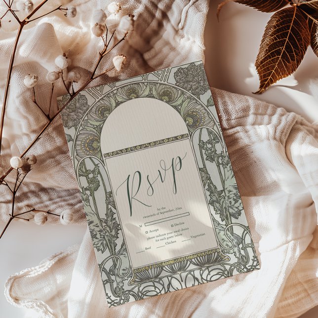 Bougainvillea Green Art Nouveau Mucha Wedding RSVP Card (Creator Uploaded)