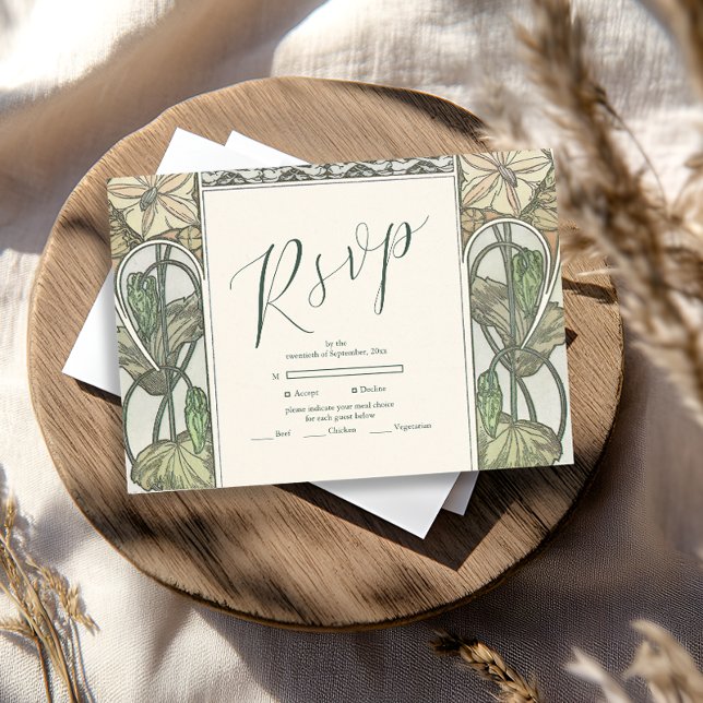 Bougainvillea Green Art Nouveau Mucha Wedding RSVP Card (Creator Uploaded)
