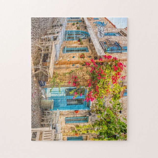 Bougainvillea growing up the wall of a restaurant jigsaw puzzle (Vertical)