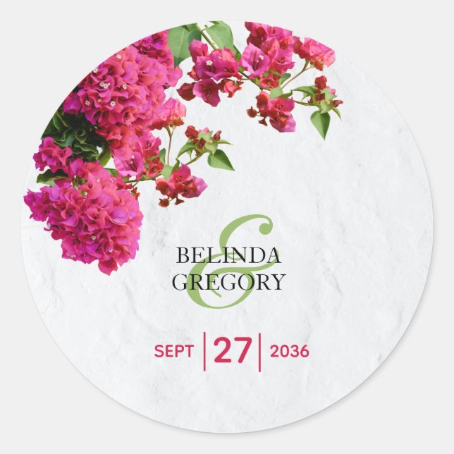 Bougainvillea Mediterranean Greek Island Wedding  Classic Round Sticker (Front)
