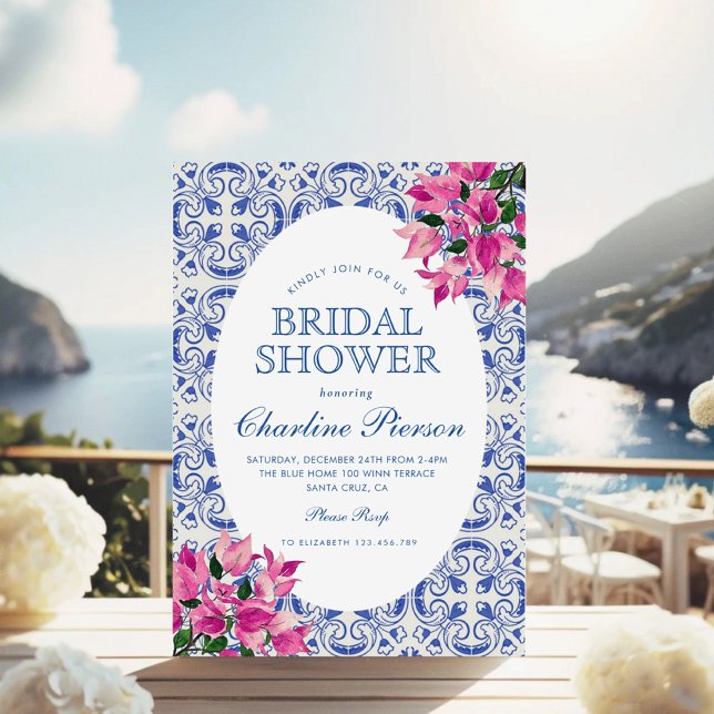 Bougainvillea MediterraneanBlue tile Bridal Shower Invitation (Creator Uploaded)