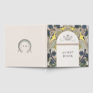 Bougainvillea Navy Blue Gold Wedding Art Nouveau Guest Book