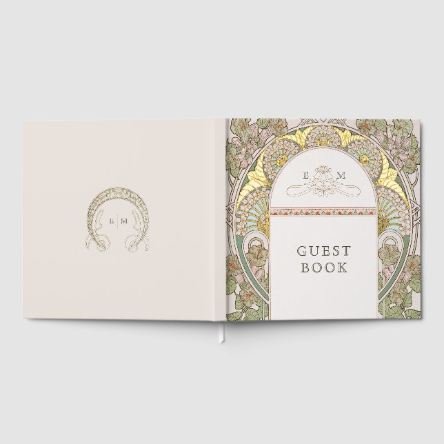 Bougainvillea Navy Blue Gold Wedding Art Nouveau Guest Book (Full)