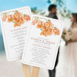 Bougainvillea orange watercolor wedding program hand fan