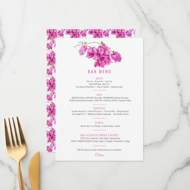 Bougainvillea pink purple watercolor wedding Bar Menu (Front/Back In Situ)