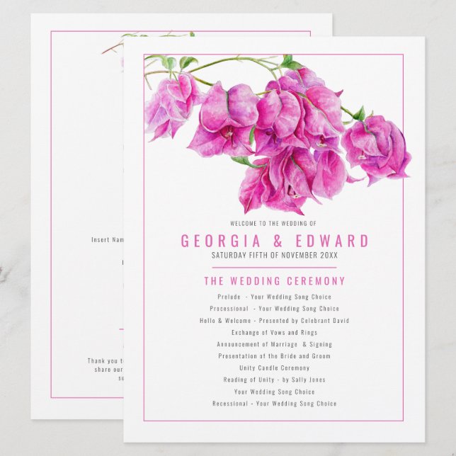 Bougainvillea pink watercolor wedding program programme (Front/Back)