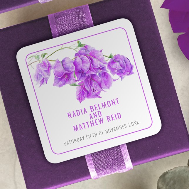 Bougainvillea purple watercolor wedding favour square sticker (Creator Uploaded)