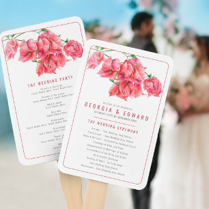 Bougainvillea red pink watercolor wedding program hand fan