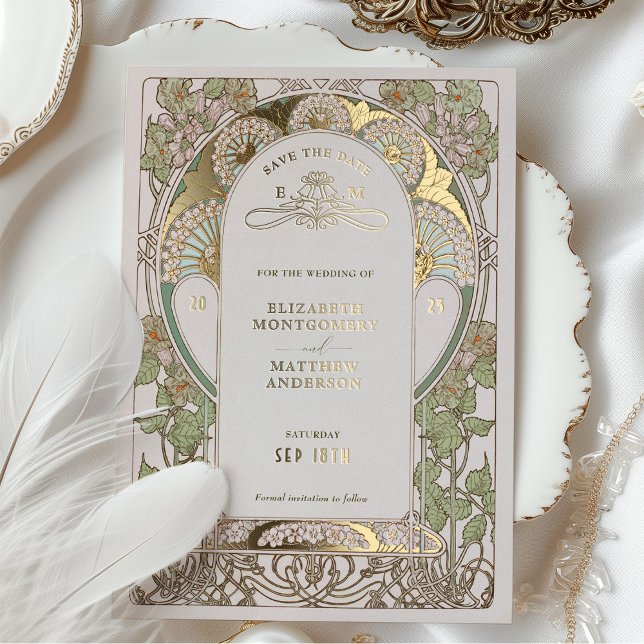 Bougainvillea Save The Date Green Gold Art Nouveau (Creator Uploaded)