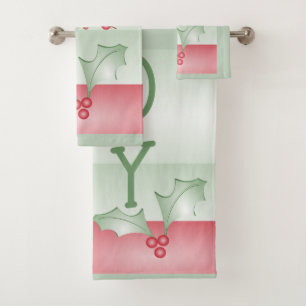 Boughs of Holly Light Green Pink Christmas Bath Towel Set