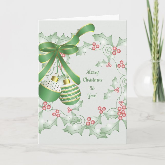 Boughs of Holly Light Green Pink Christmas Card (Front)