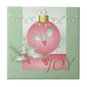 Boughs of Holly Light Green Pink Christmas Tile