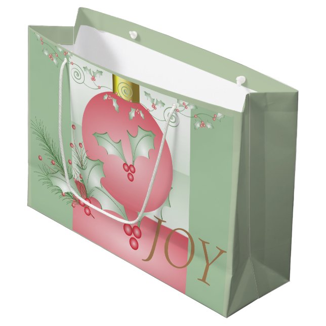 Boughs of Holly Light Green Pink Large Gift Bag (Front Angled)