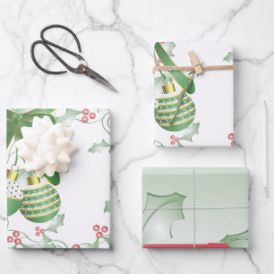 Boughs of Holly Light Green Pink Wrapping Paper Sheet