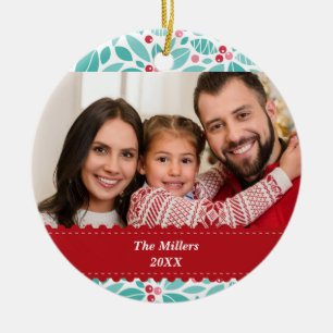 Boughs of Holly Red Ribbon Custom Photo Ceramic Tree Decoration