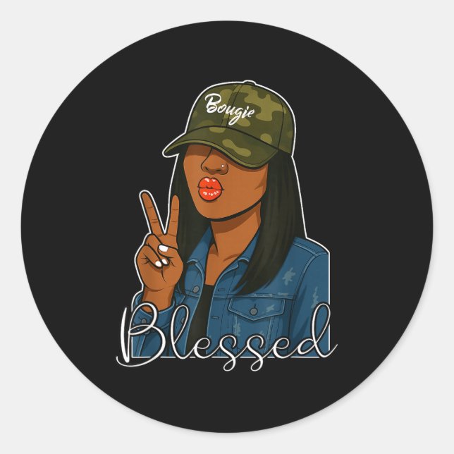 Bougie Blessed Camo Hat Christian Black Woman  Classic Round Sticker (Front)