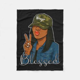 Bougie Blessed Camo Hat Christian Black Woman Fleece Blanket