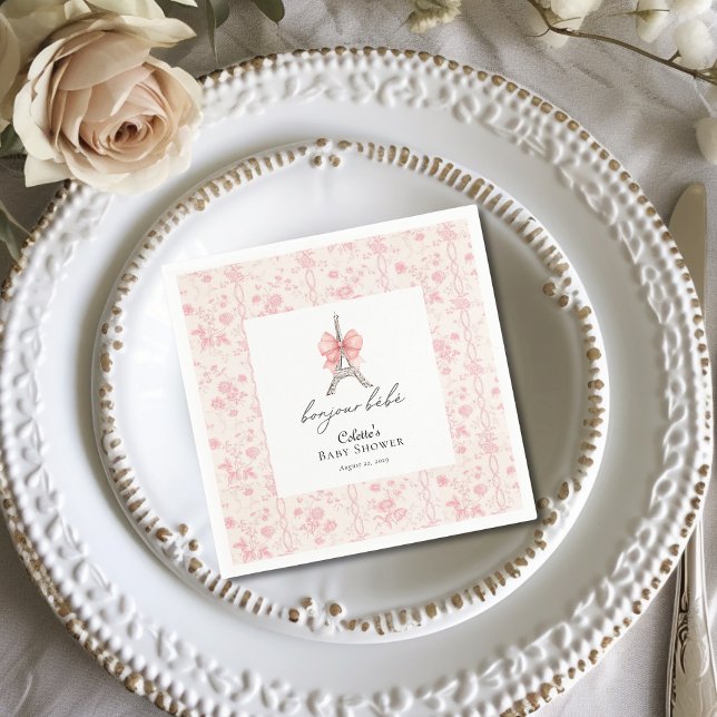 Boujour Bebe Paris French Toile Pink Baby Shower Napkin (Bon Jour Be be Baby Shower Cocktail Napkins )