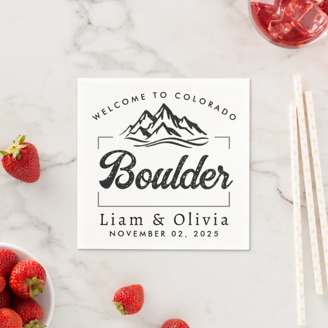 Boulder Colorado Wedding Minimalist Welcome Napkin (Insitu)
