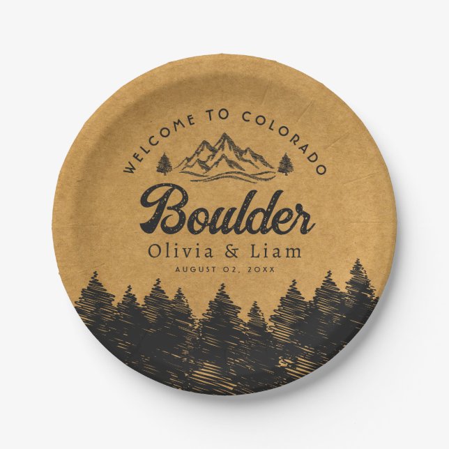 Boulder Colorado Wedding Minimalist Welcome Paper Plate (Front)