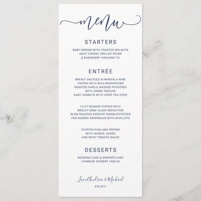 Bounce Calligraphy Swirly (Navy Blue) Wedding Menu (Front)