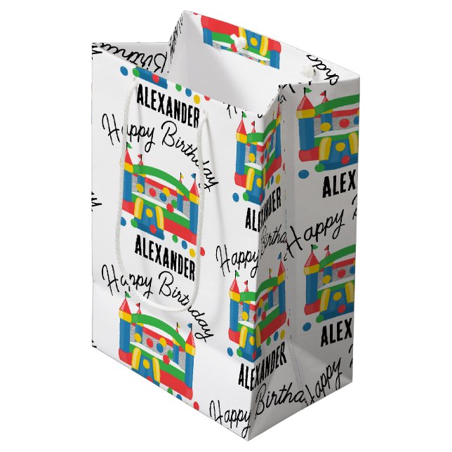 Bounce House Jumping Castle Ball Kids Name Medium Gift Bag (Front Angled)