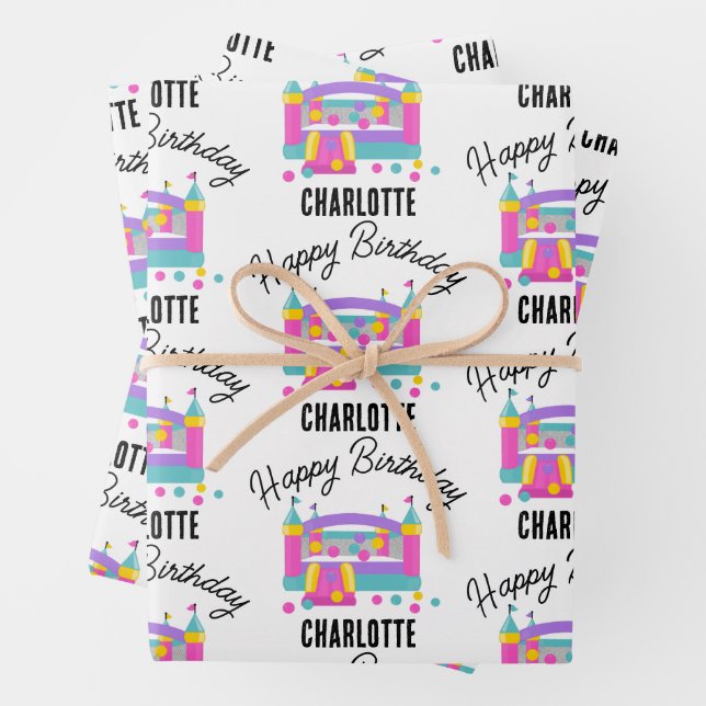 Bounce House Jumping Castle Girls Birthday Party Wrapping Paper Sheet (In situ)