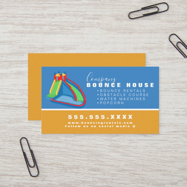 Bounce House Logo Party Rental Yellow Blue Business Card (Front/Back In Situ)