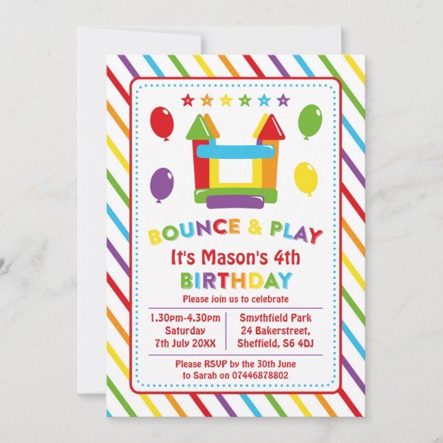 Bounce house themed birthday party invitation (Front)