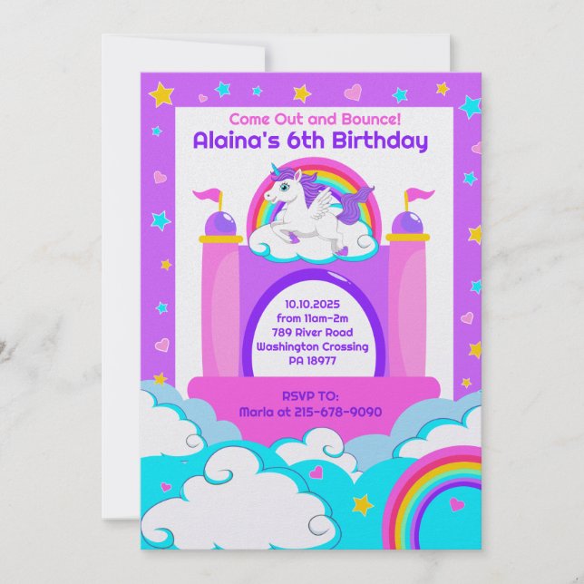 Bounce House Unicorn Girls Kids Birthday Party Invitation (Front)