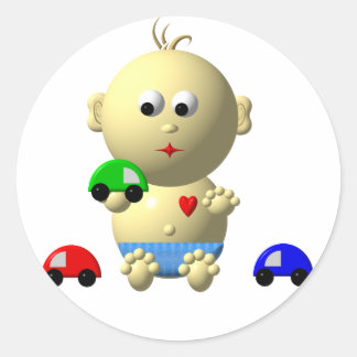 BOUNCING BABY BOY WITH 3 TOY CARS CLASSIC ROUND STICKER
