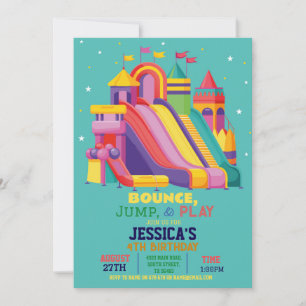 Bouncy Castle Birthday Party Jump Bounce Teal Invitation