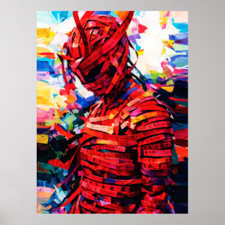 Bound in Red Script Vibrant Calligraphy Figure Poster