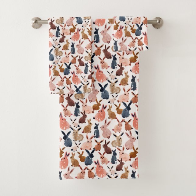 BOUNDLESS BUNNIES Cute Pastel Watercolor Rabbit Bath Towel Set (Insitu)