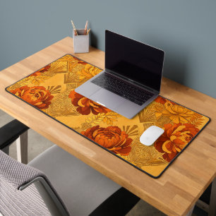 Bountiful Blossoms Golden Orange Art Deco Desk Mat