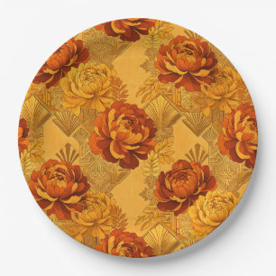 Bountiful Blossoms Golden Orange Art Deco Paper Plate