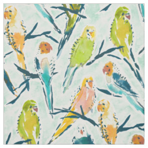 BOUNTIFUL BUDGIES Cute Aqua Watercolor Parakeet Fabric
