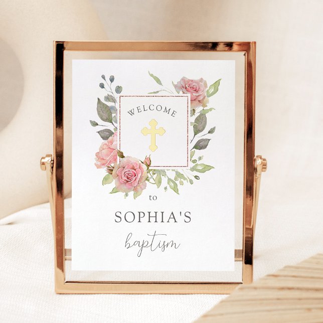 Bountiful Roses Elegant Pink Baptism Welcome Gold Foil Prints (An elegant Baptism welcome sign with pretty pink roses and a gold foil cross)